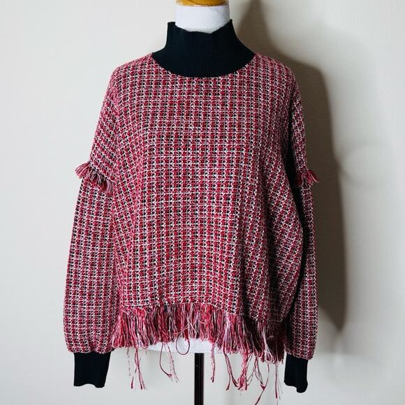 Zara Red Fringe Trim Tweed Sweater - Picture 2 of 7